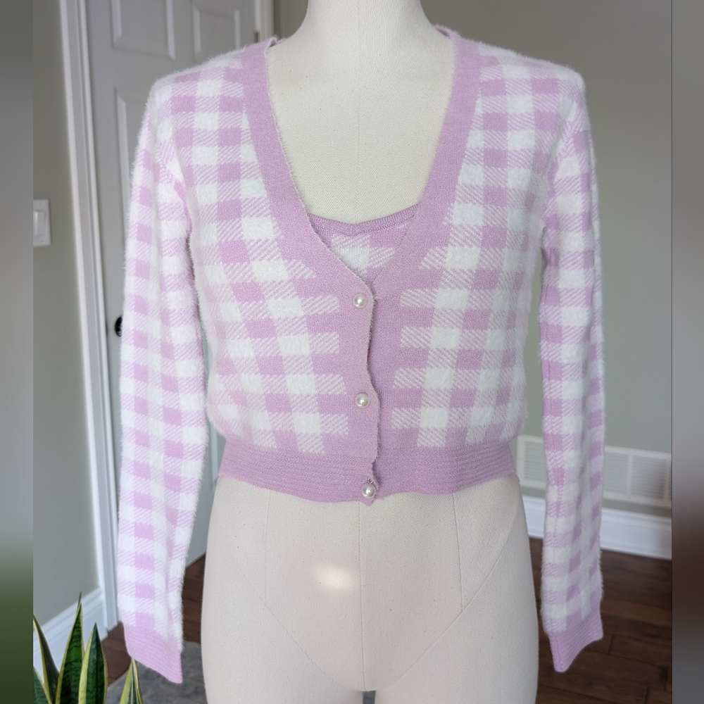 Haute Monde Women's Sweater Plaid Lilac White Two Plaid Cropped Set Size S NWT